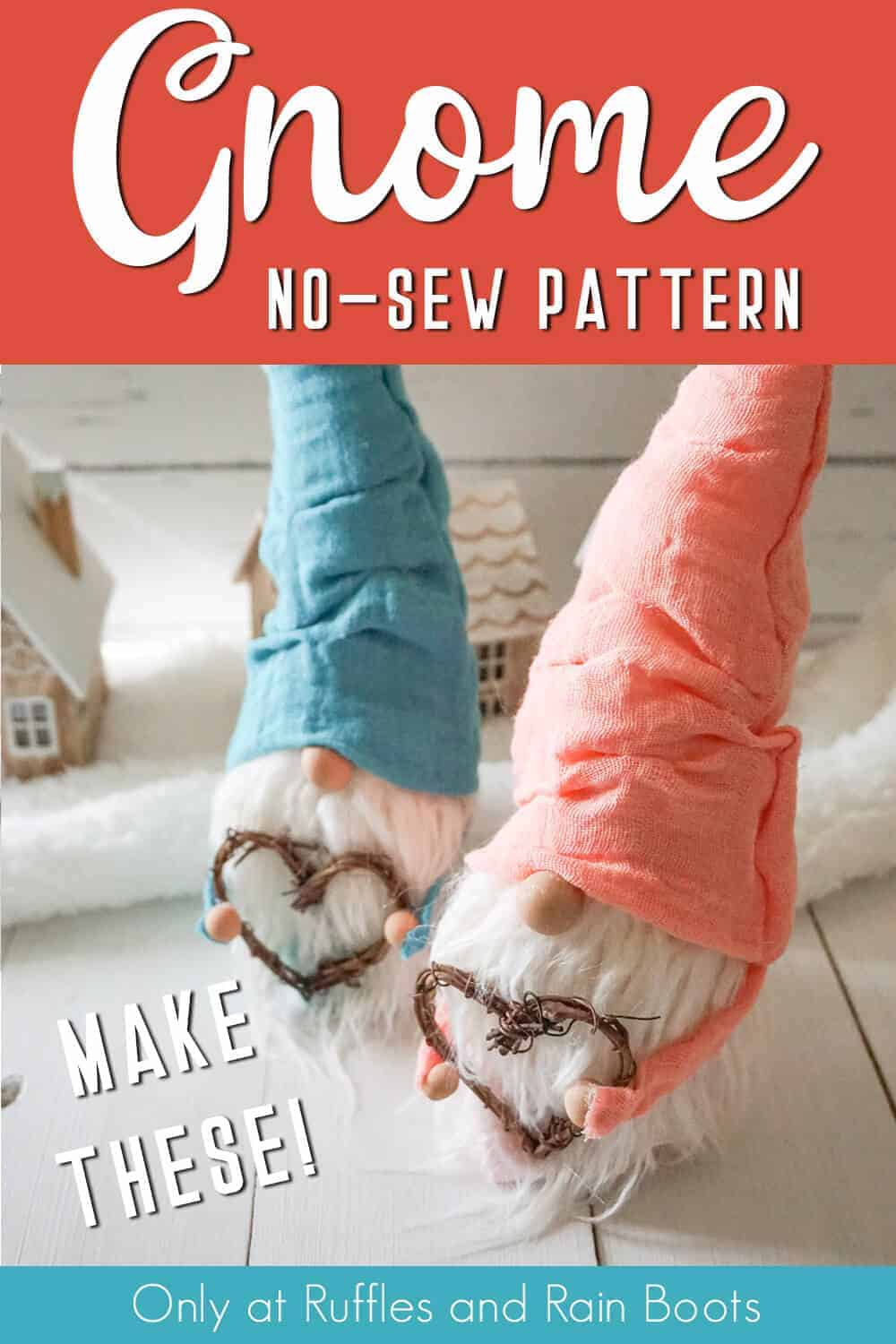 no sew gnome pattern with two gnomes on white farmhouse background