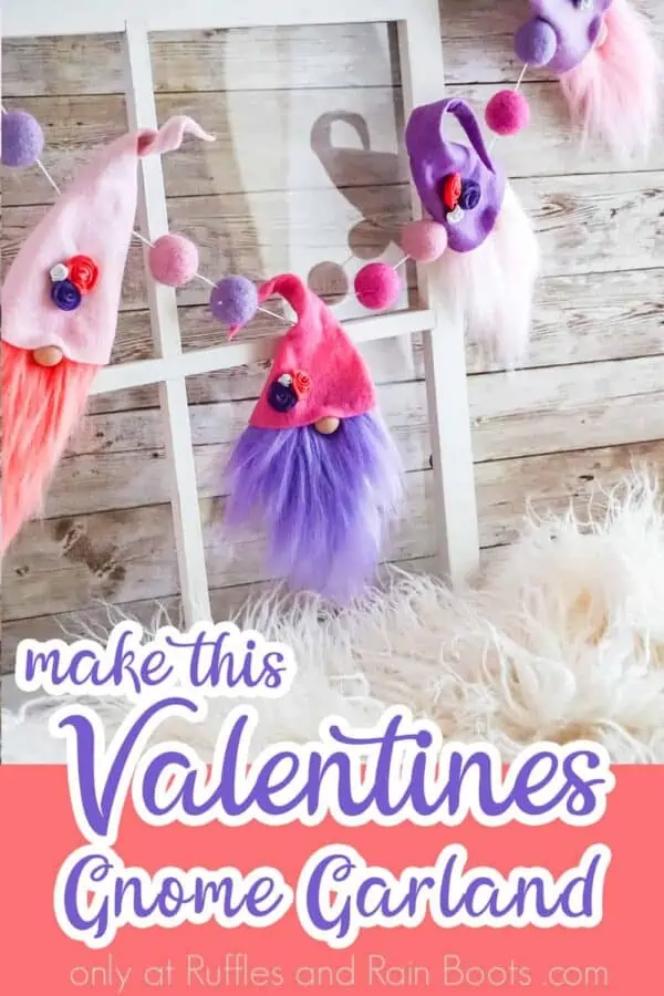 pink purple gnome garland with wool balls in bright color dyed fur with text which reads make this Valentines gnome Garland