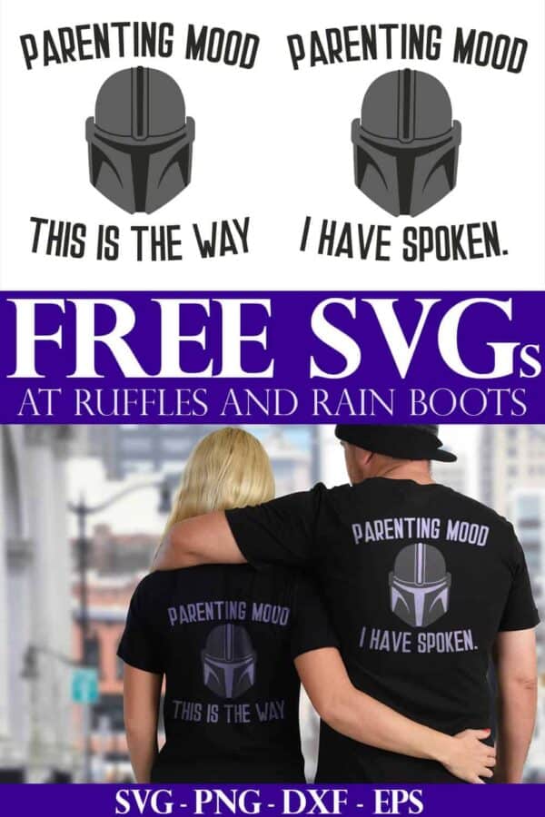collage of free Mandalorian SVG on black t shirts on man and woman with text which reads free SVG