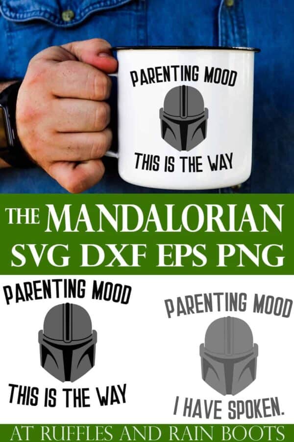 collage of free Mandalorian SVG for parents on a white coffee cup with text which reads The Mandalorian SVG DXF EPS PNG