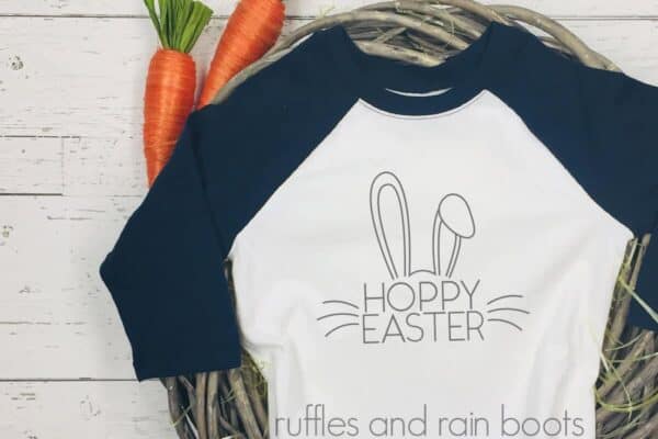 blue raglan shirt with free hoppy Easter svg on white wood background with twine carrots