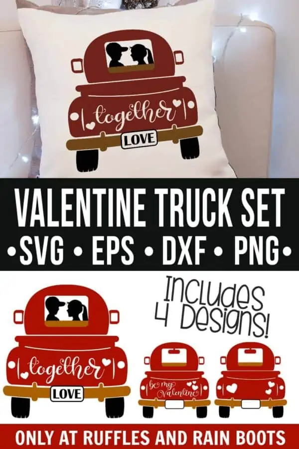 collage of Valentine's Day truck svg on pillow with text which reads valentine truck set