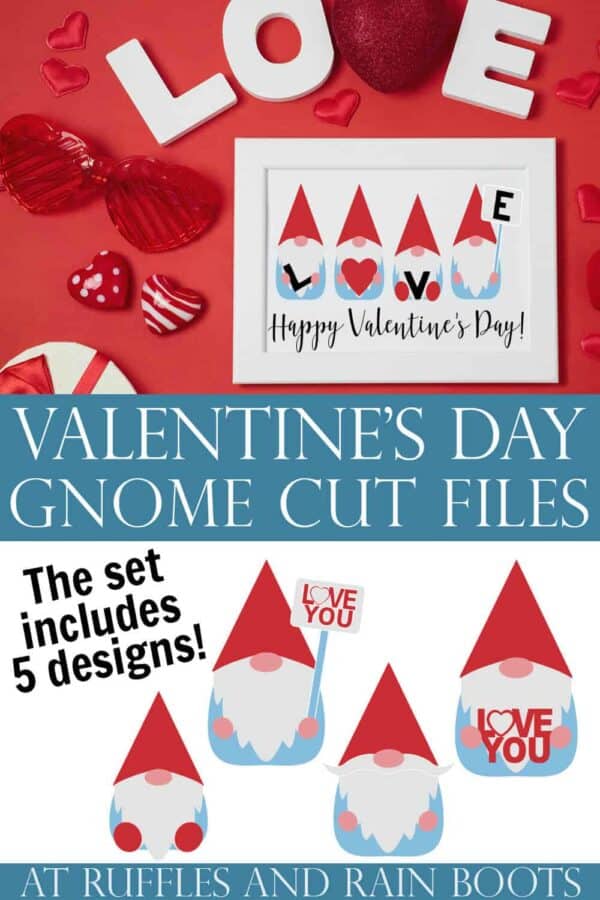 collage of 4 gnomes holding letters which spell LOVE in white frame with text which reads Valentine's Day Gnome SVG Cut Files
