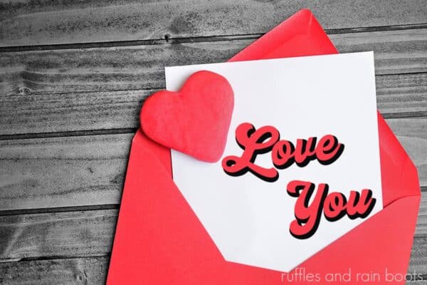 close up of Valentine's Day card with free love you SVG for a retro bump out design