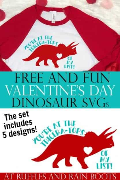 free dinosaur svg for valentine's day on red and white t shirt on faux fur background with text which reads free and fun Valentines day dinosaur cut files