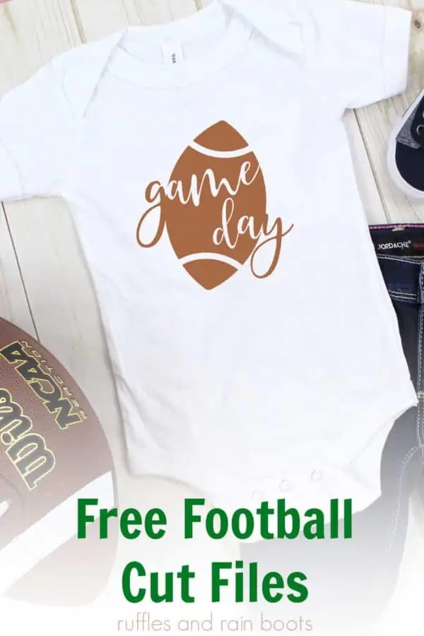 free game day football svg on white baby onesie for football season with text which reads free football cut files