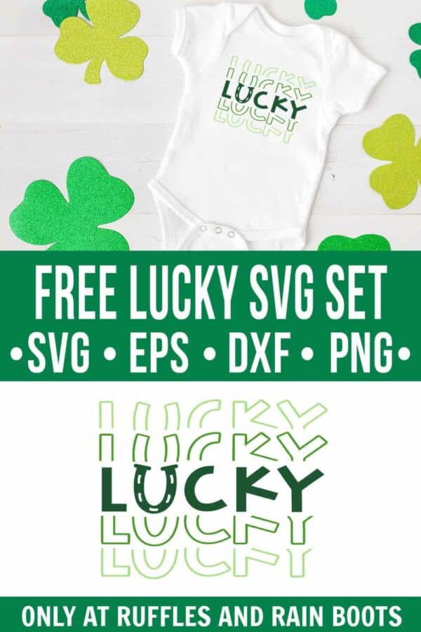 photo collage of free lucky svg set on a white onesie on a white wood background with green shamrocks