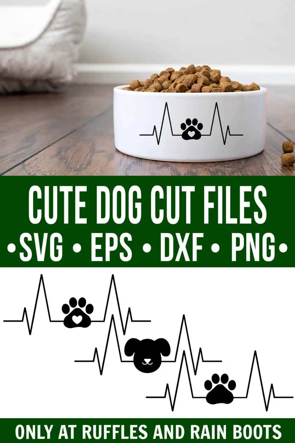 collage of three dog heartbeat svg designs and dog food bowl on wood floor with text which reads cute dog cut file