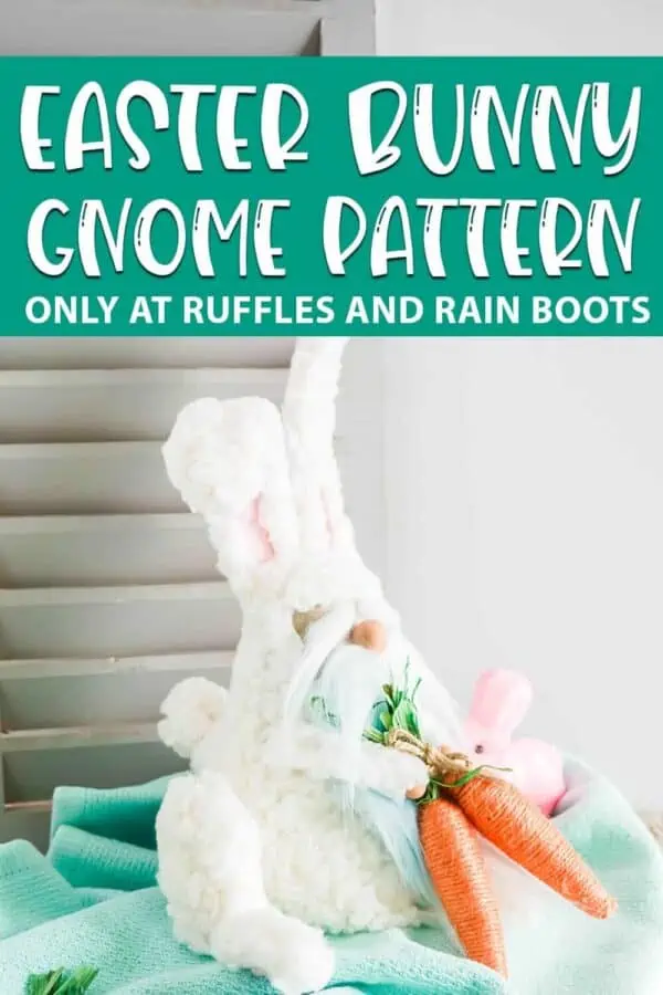 adorable gnome wearing a bunny suit pattern with text which reads Easter Bunny Gnome Pattern
