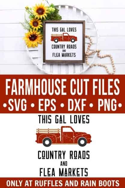 collage of farmhouse truck svg on white wood sign in cigar basket on wood background with text which reads farmhouse cut file