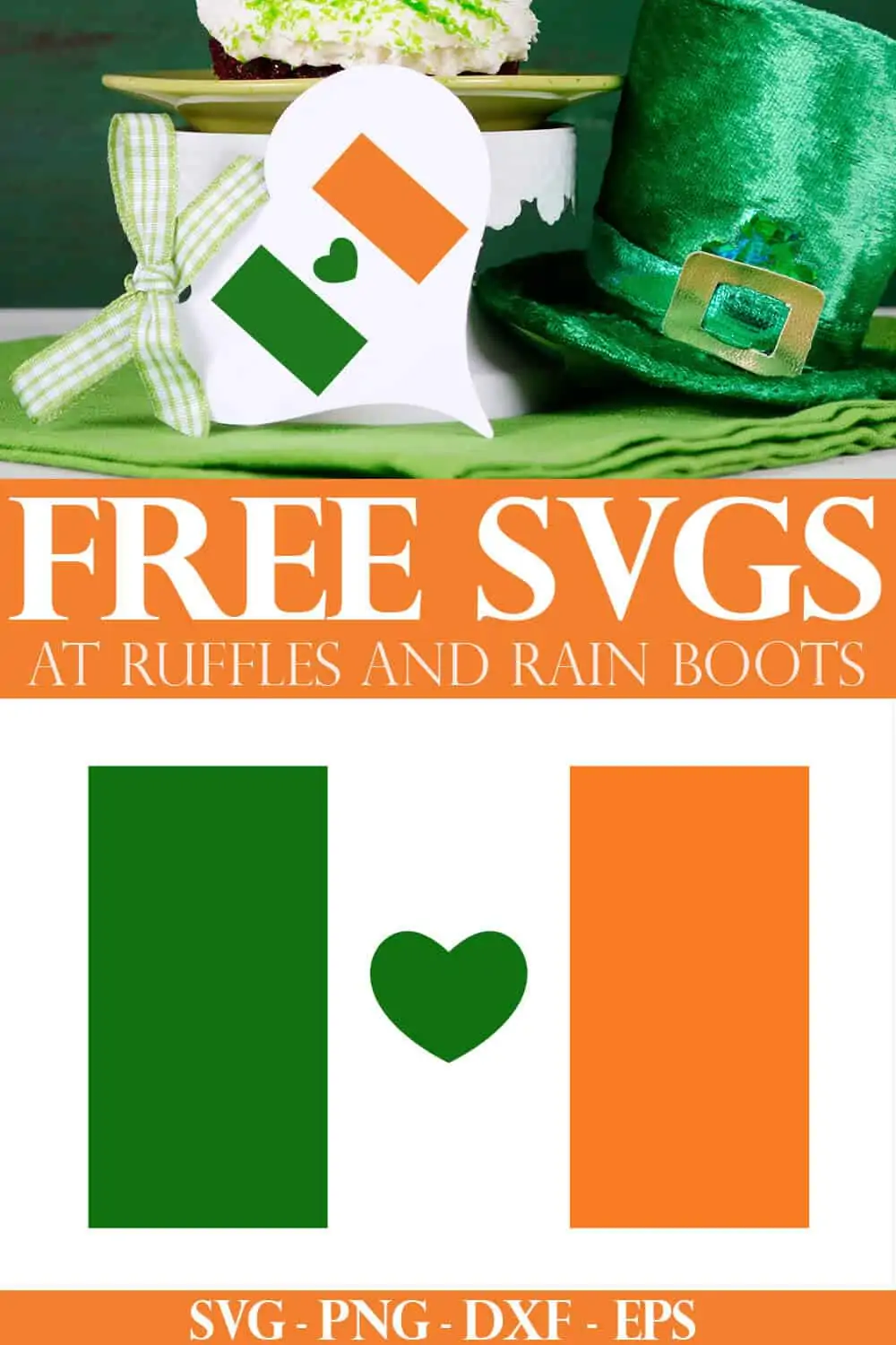 photo collage of free Irish flag cut file on tag with text which reads free SVG