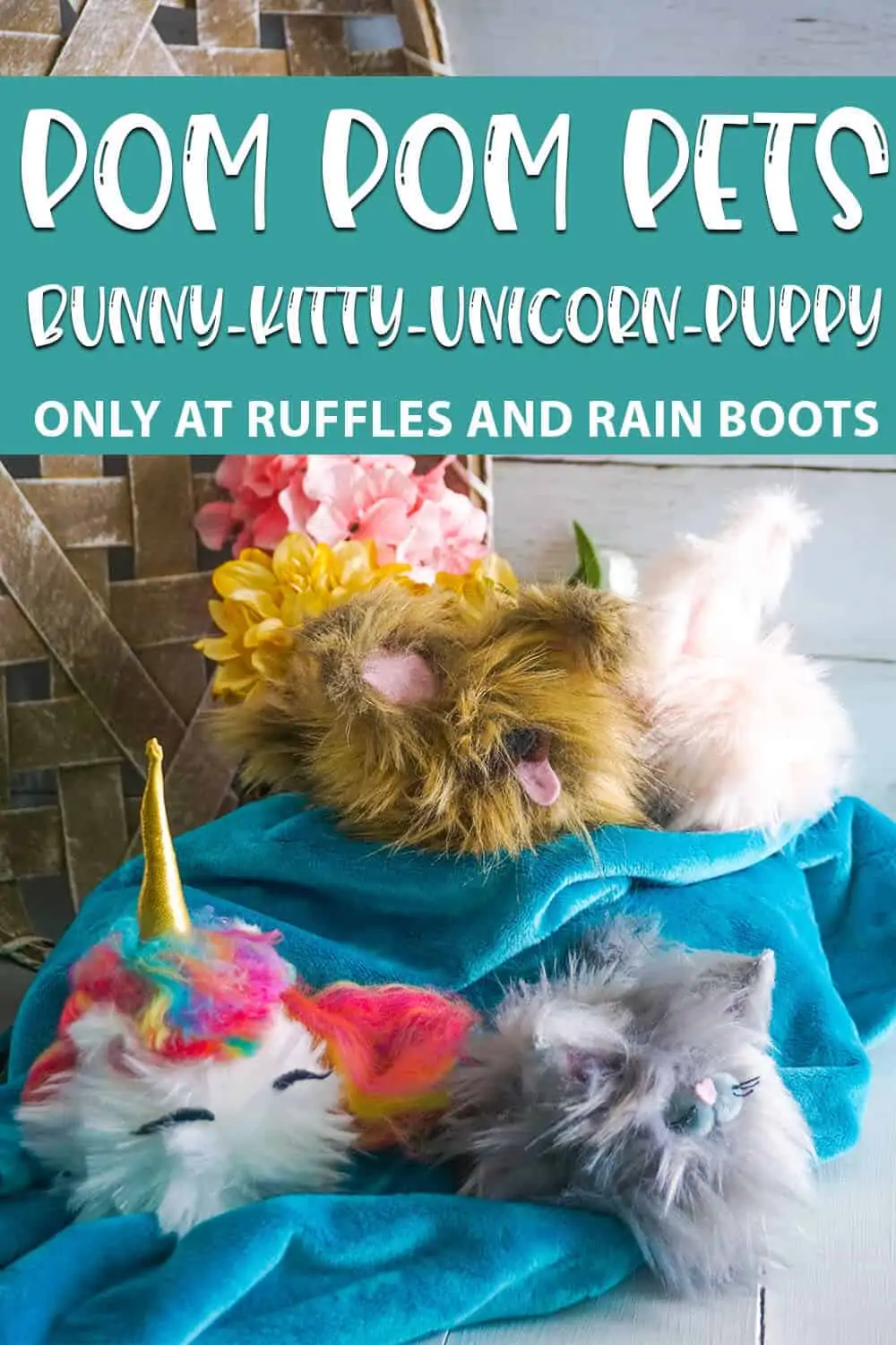 Pom Pom Pets pattern for gnome pets with text which reads pom pom pets bunny kitty unicorn puppy
