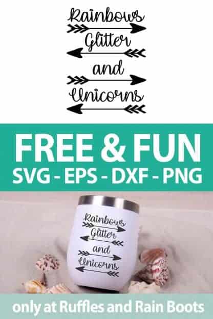 photo collage of rainbows glitter and unicorns cut file with text which reads free & fun svg eps dxf png