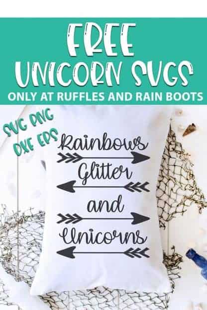 overhead view of rainbow glitter and unicorns cut file on a pillow laying on a wood board with a net with text which reads free unicorn svgs svg png dxf eps