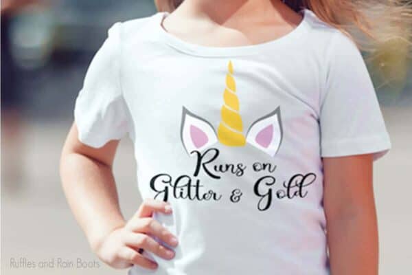 unicorn horn Runs on Glitter & Gold cut file set on a t-shirt worn by a little girl