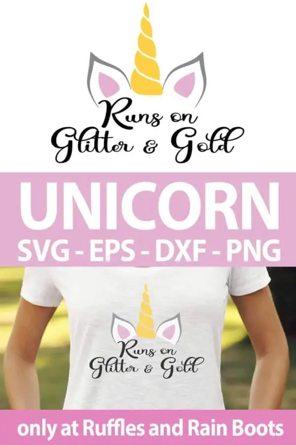 photo collage of unicorn runs on glitter workout cut file set with text which reads unicorn svg eps dxf png