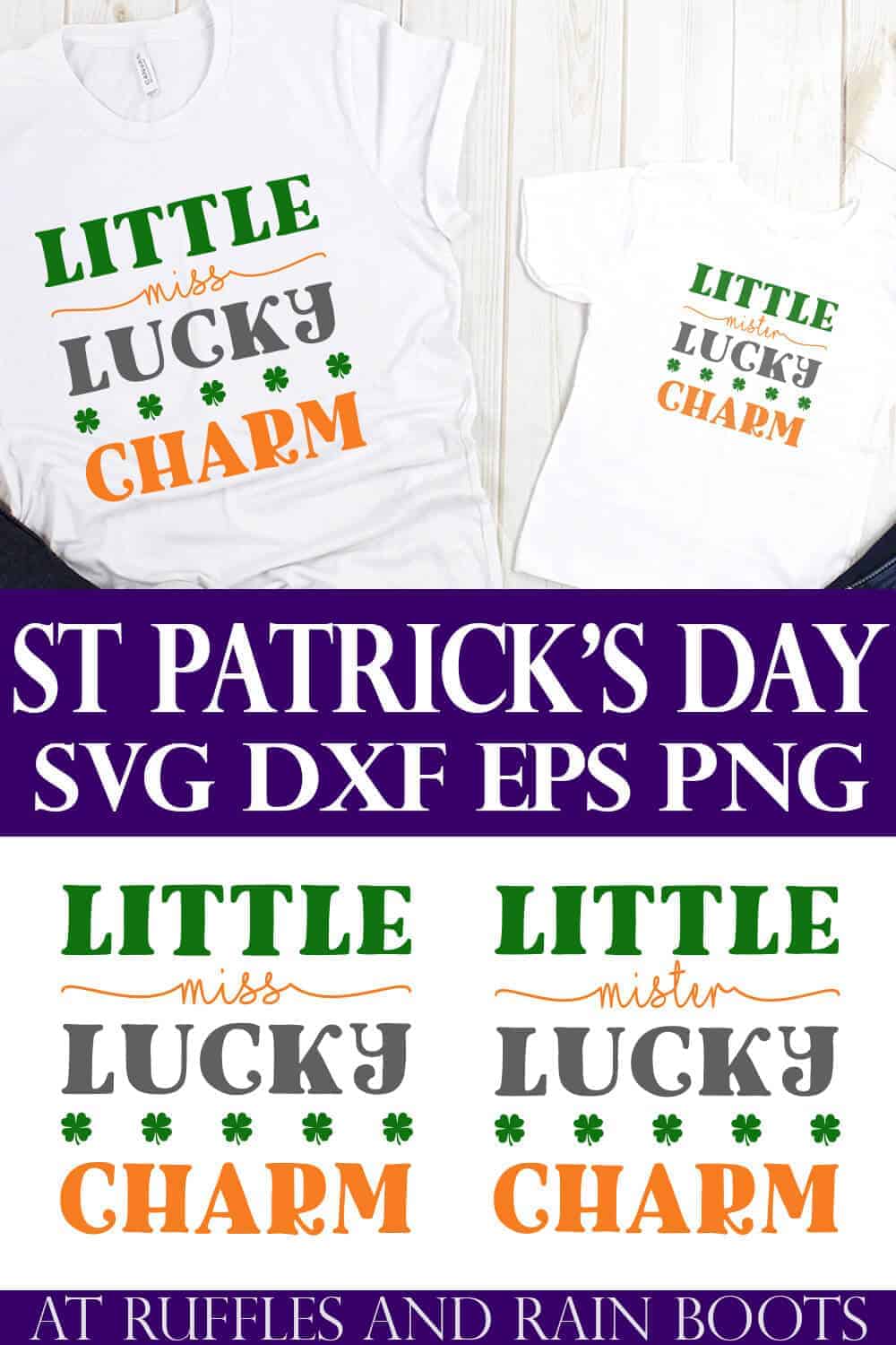 collage of t shirts with lucky charm svg in miss and mister with text which reads st patricks day svg files