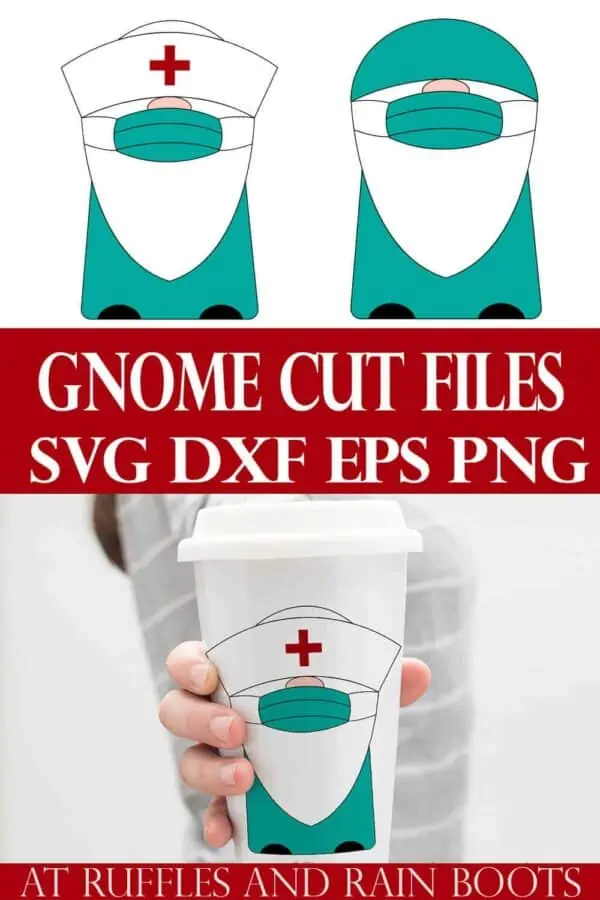 collage of doctor nurse medical gnome svg on a white tumbler cup held by a woman in a gray shirt