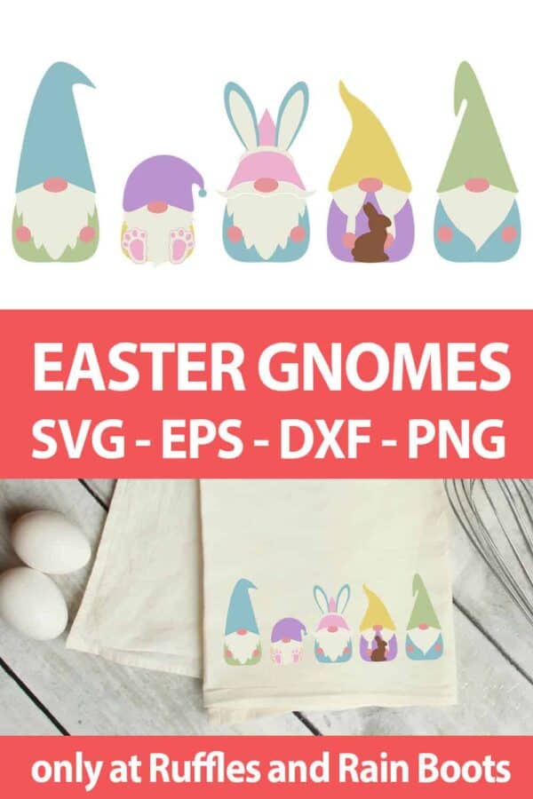 photo collage of Easter Gnome cut file set for cricut or silhouette with text which reads easter gnomes svg eps dxf png
