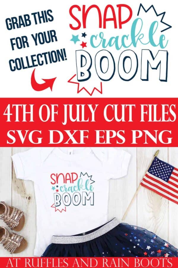 collage of snap crackle boom svg on white onesie with blue tulle skirt and american flag