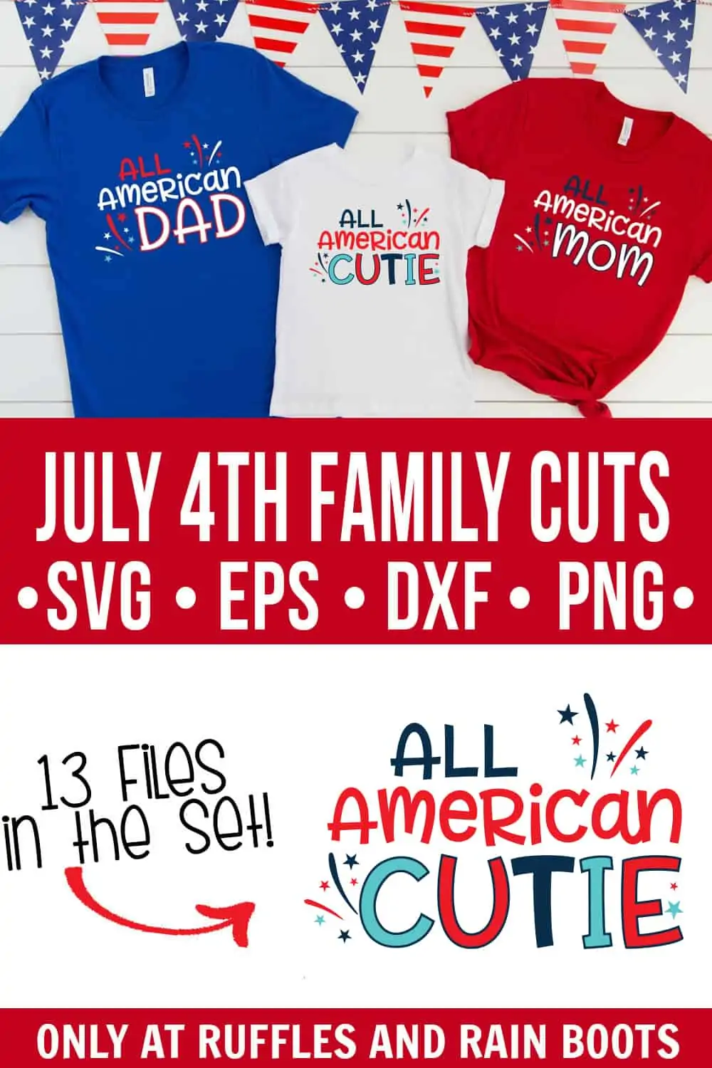photo collage of All American SVG files for 4th of July with three red white and blue t shirts for clipart