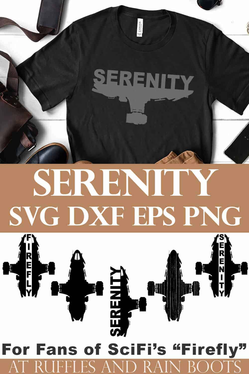 collage of 5 serenity svg designs and a black t shirt with gray firefly ship on a black t shirt