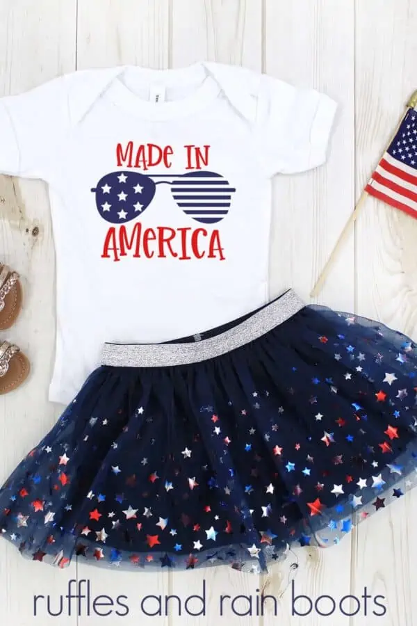 adorable July 4th Cricut Idea using free Independence Day SVG on white t shirt with flag background
