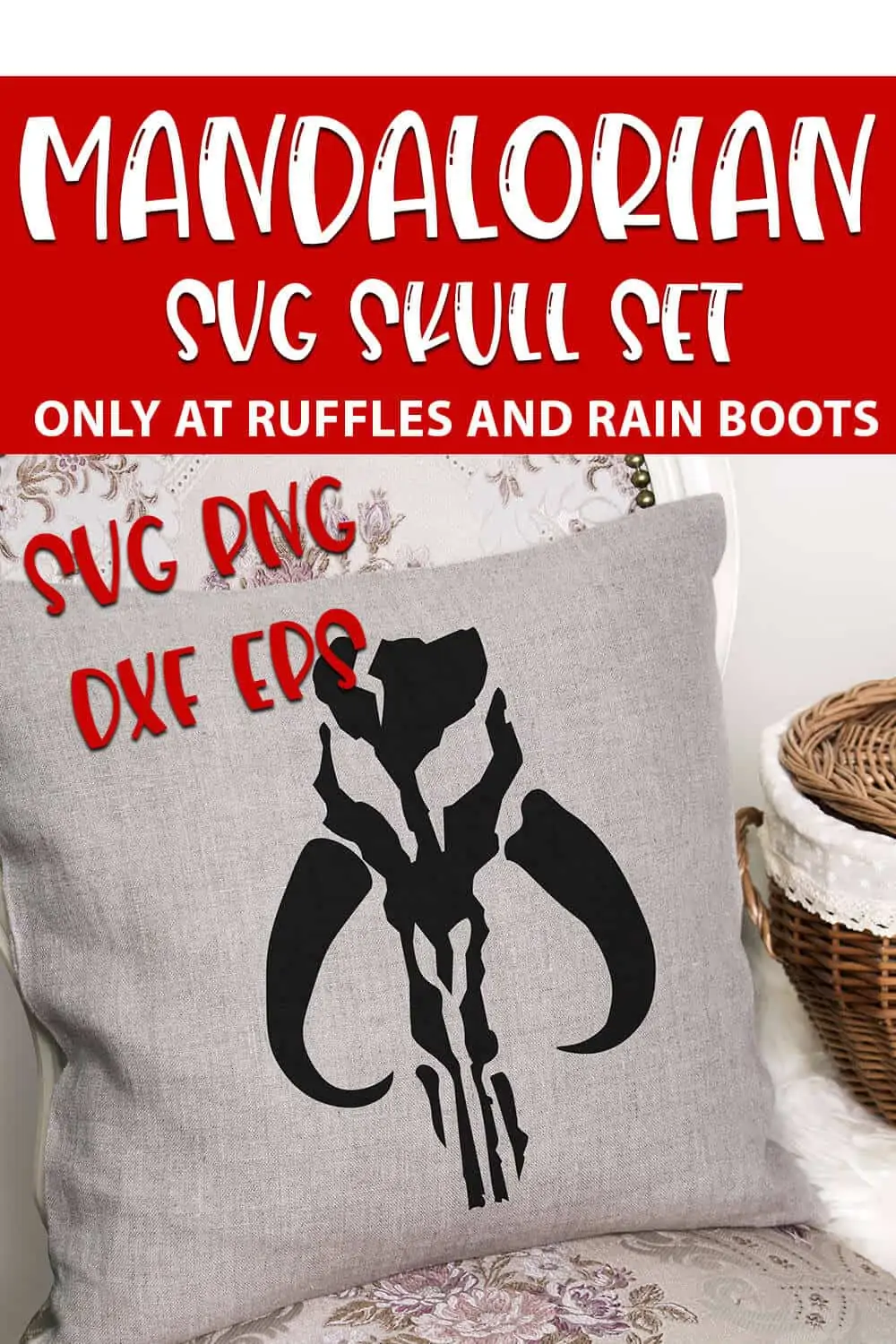Mandalorian Skull SVG on a pillow with text which reads mandalorian svg skull set