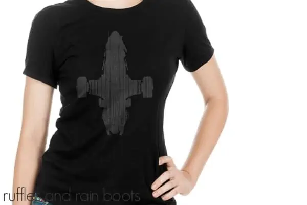 gray distressed vinyl on black t shirt using free serenity svg ship from firefly on white background