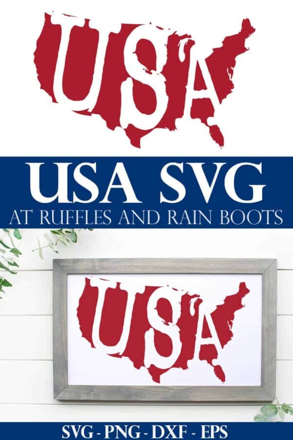 red weathered usa svg on white and wood frame on white wood background with text which reads USA SVG