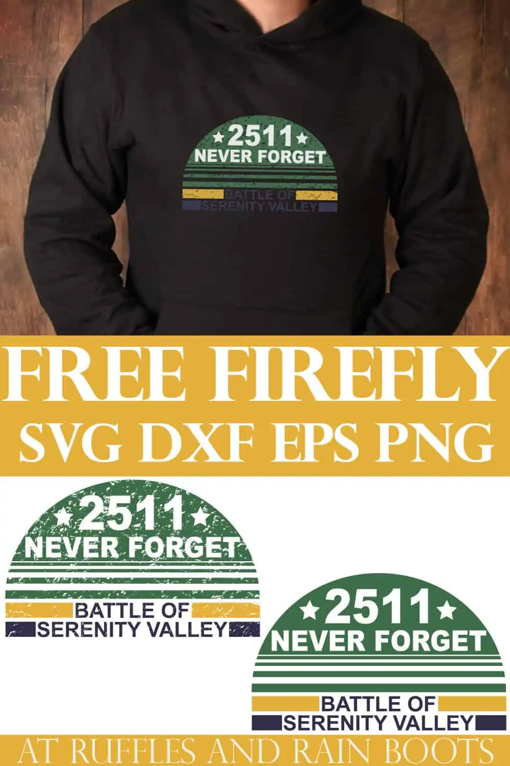 photo collage of man in black hoodie with battle of serenity svg with text which reads free firefly svg dxf eps png