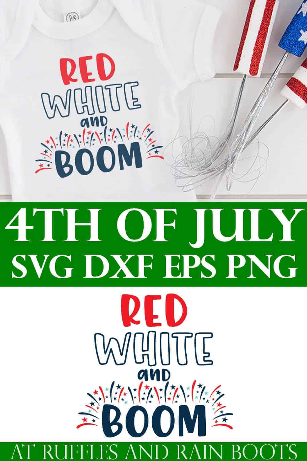 photo collage of red white and boom cut file with free 4th of july svg on a white onesie with fireworks
