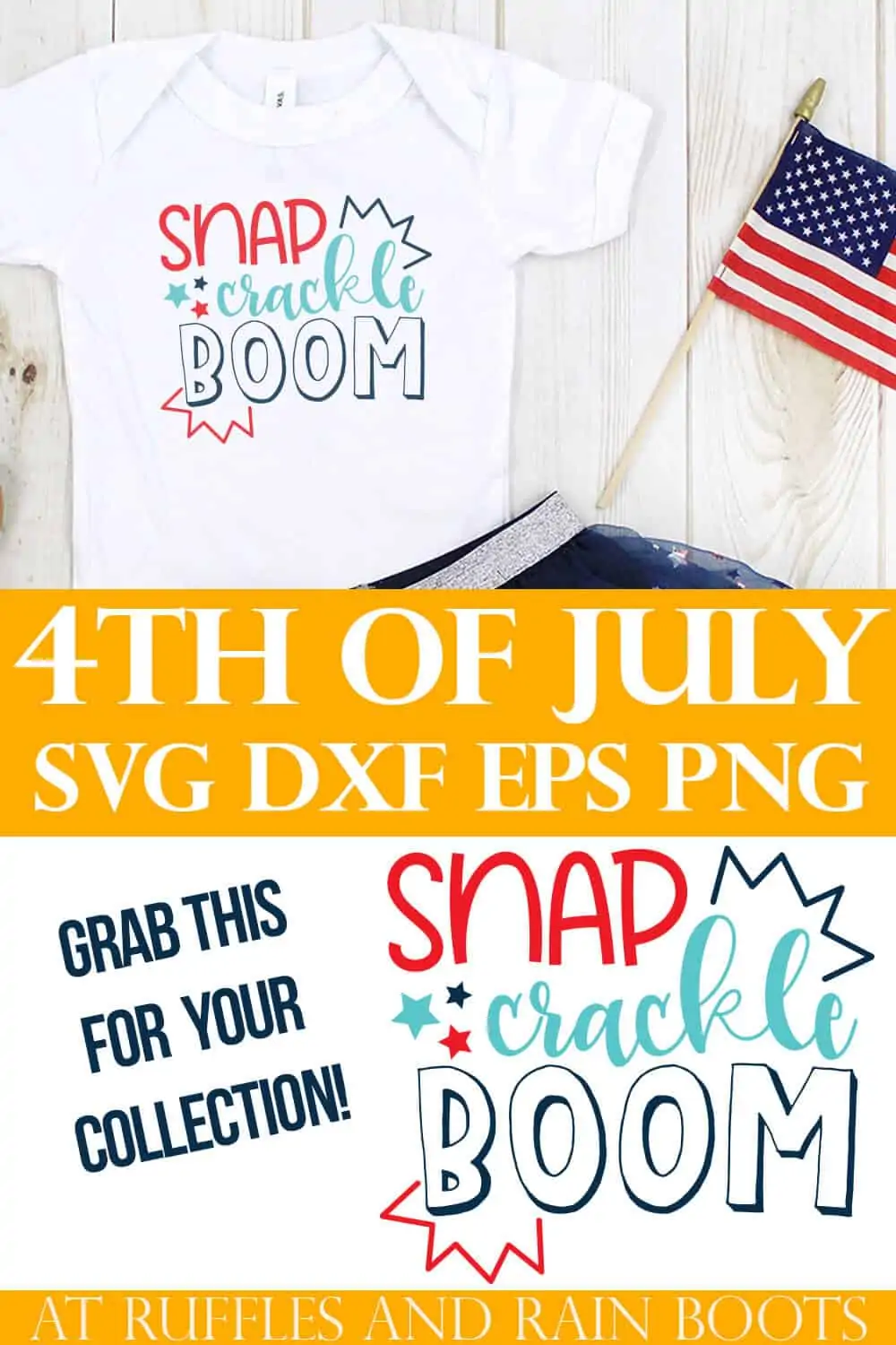 collage of snap crackle boom svg in red white teal and blue on white onesie with blue tulle skirt and American flag with text which reads 4th of July cut files