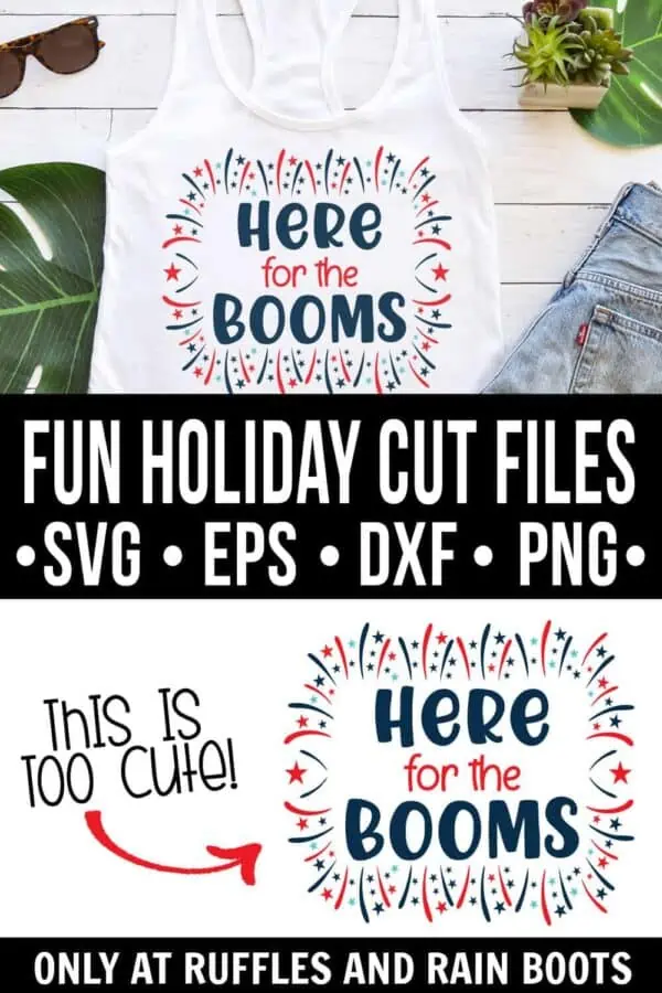 photo collage of here for the booms svg file on a white tank top with text which reads fun holiday cut files