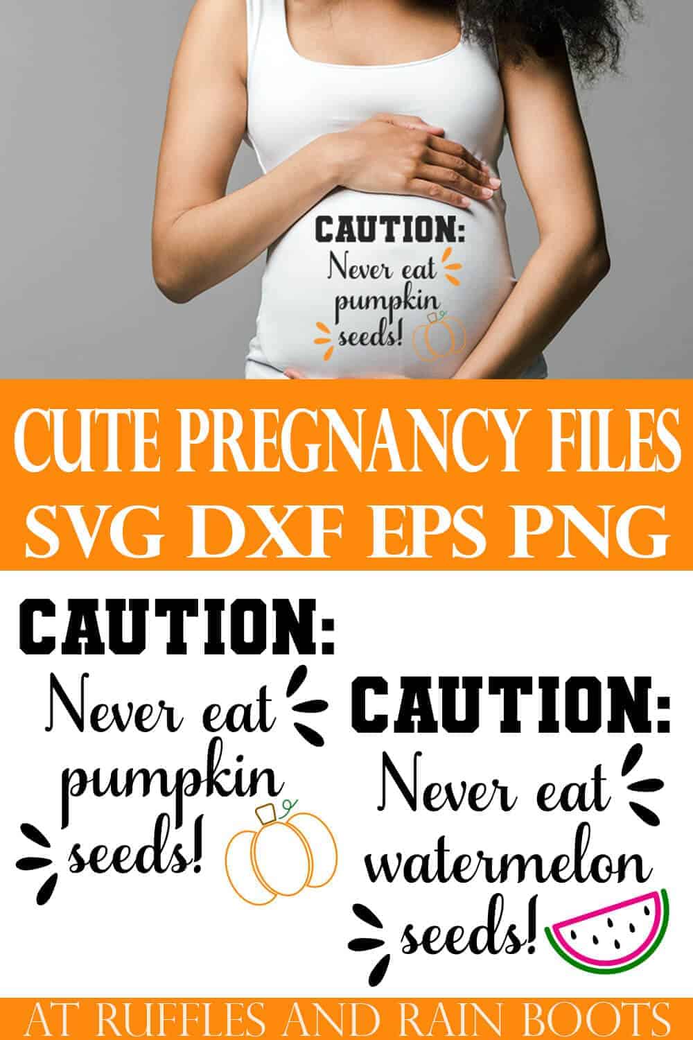 collage of woman holding belly in white tank top with caution never eat pumpkin seeds svg file in vinyl