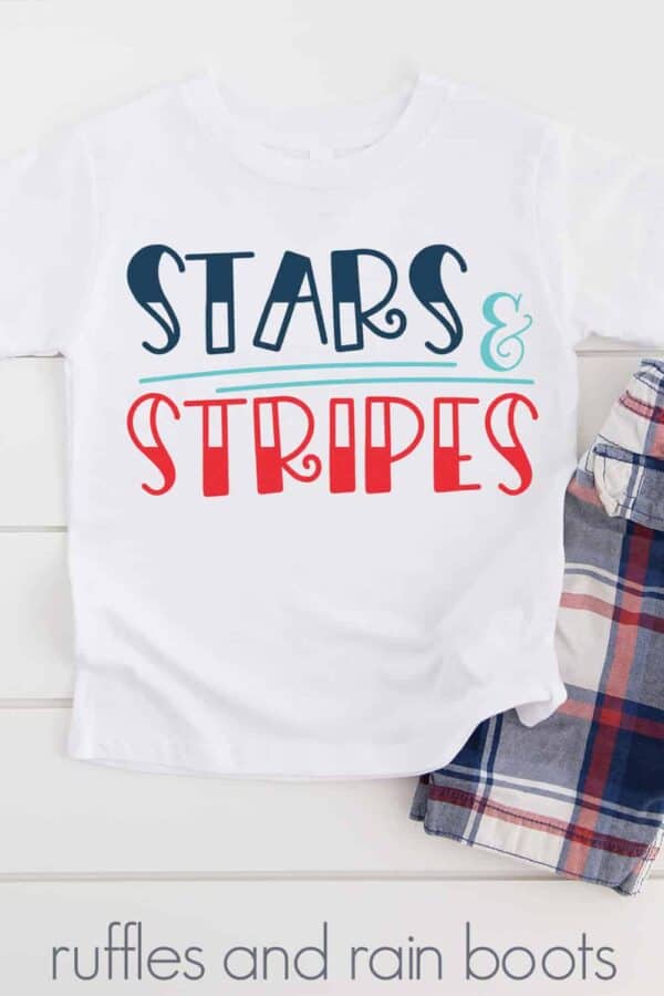 adorable stars and stripes svg on white t shirt with plaid shorts on white wood bakground