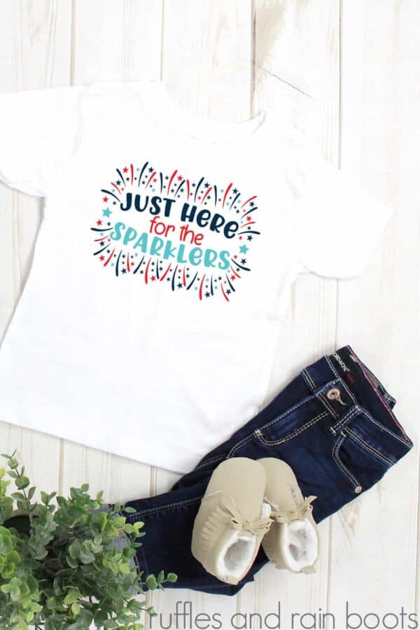 adorable July 4th t shirt made with just here for the sparklers svg from ruffles and rain boots
