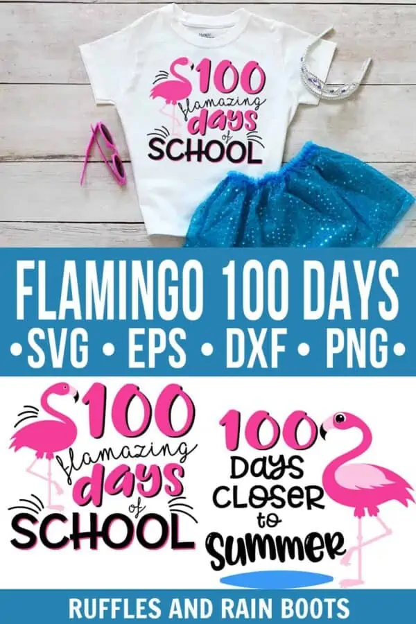 photo collage of 100 Days of School Flamingo cut file bundle for Cricut Silhouette with text which reads flamingo 100 days svg eps dxf png