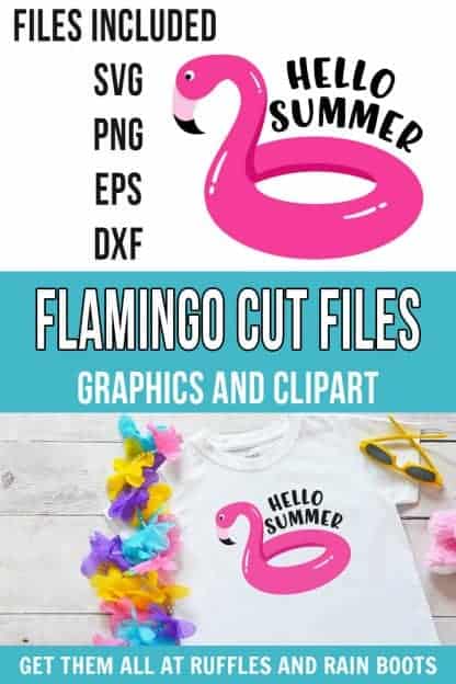 photo collage of adorable flamingo svg for hello summer pool floatie flamingo cartoon jpg with text which reads flamingo cut files graphics and clipart