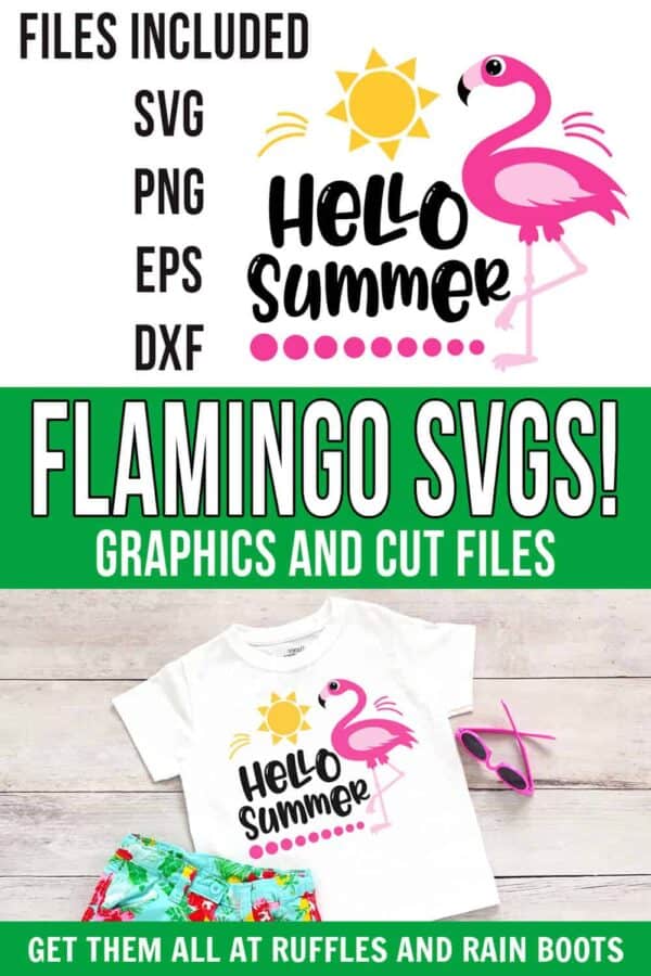 photo collage of adorable flamingo svg for summer hello clipart cut file with text which reads flamingo svgs! graphics and cut files