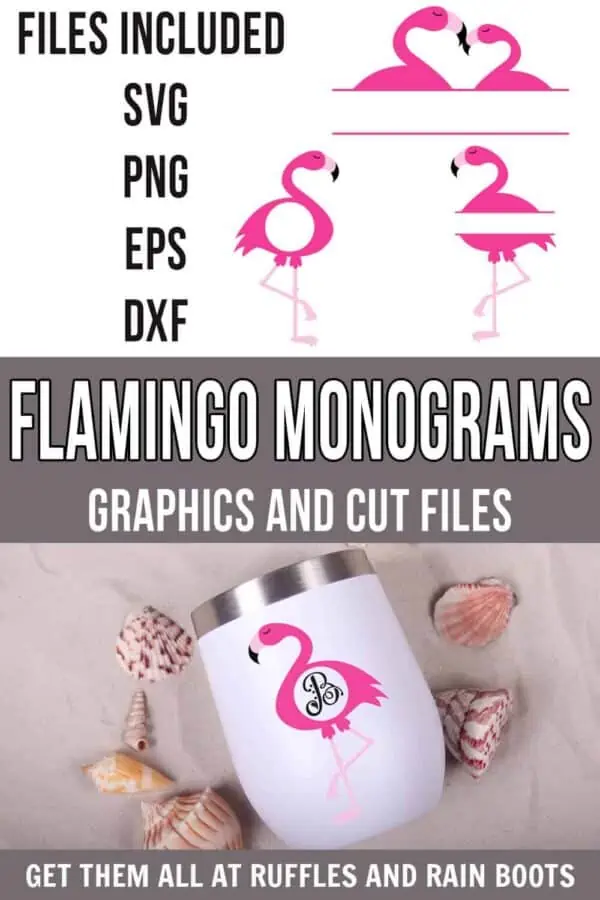 photo collage of cute set of flamingo monogram svg on tumbler with vinyl with text which reads flamingo monograms graphics and cut files