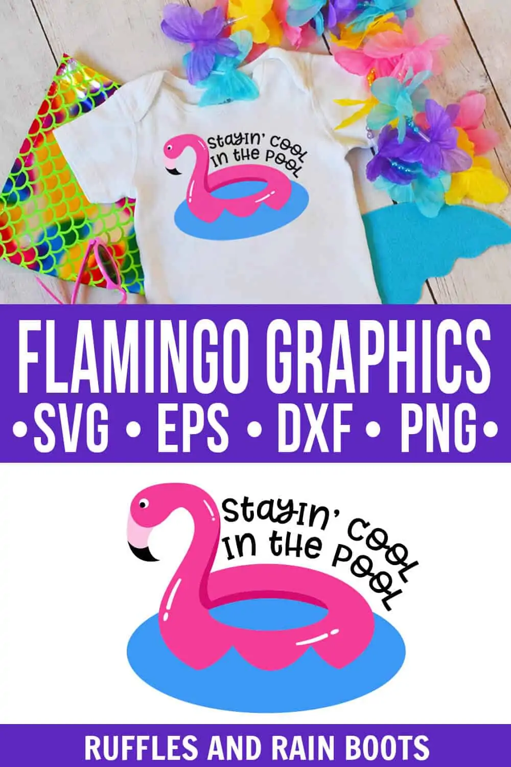 photo collage of flamingo clipart graphics svg stayin cool pool summer cut file with text which reads flamingo graphics svg eps dxf png