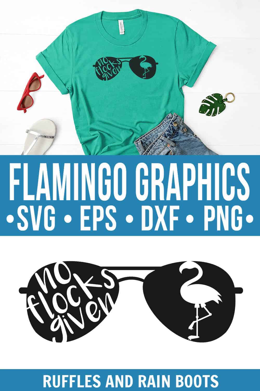 photo collage of flamingo svg for no flocks given cut file with sunglasses flattened with text which reads flamingo graphics svg eps dxf png