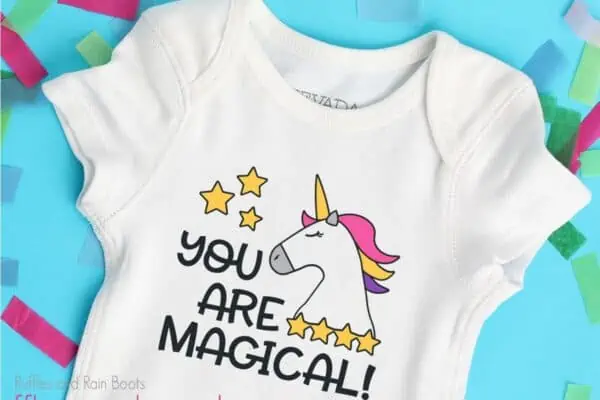 baby onesie featuring the you are magical! unicorn cut file design for sublimation