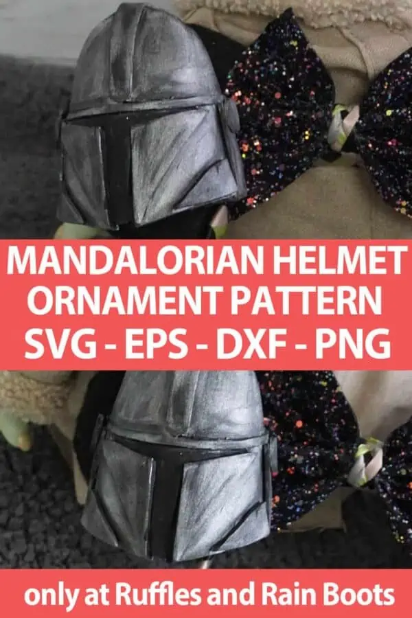 photo collage of photo collage of mini Mandalorian Helmet Pattern cut file set for cutting machines with text which reads mandalorian helmet ornament pattern svg eps dxf png