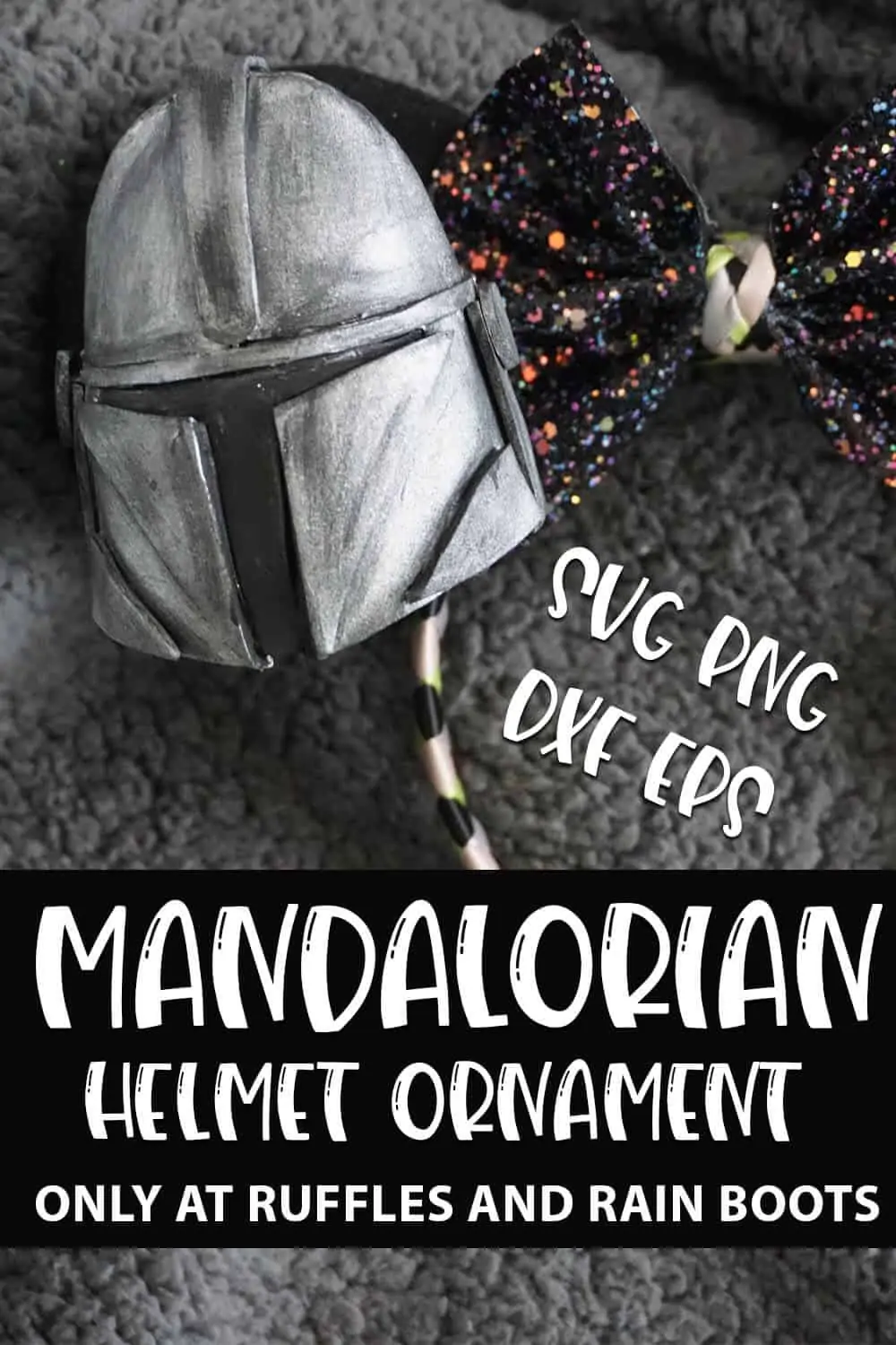 Mandalorian Helmet Ornament Pattern cut file set for cricut or silhouette with text which reads mandalorian helmet ornament svg png dxf eps