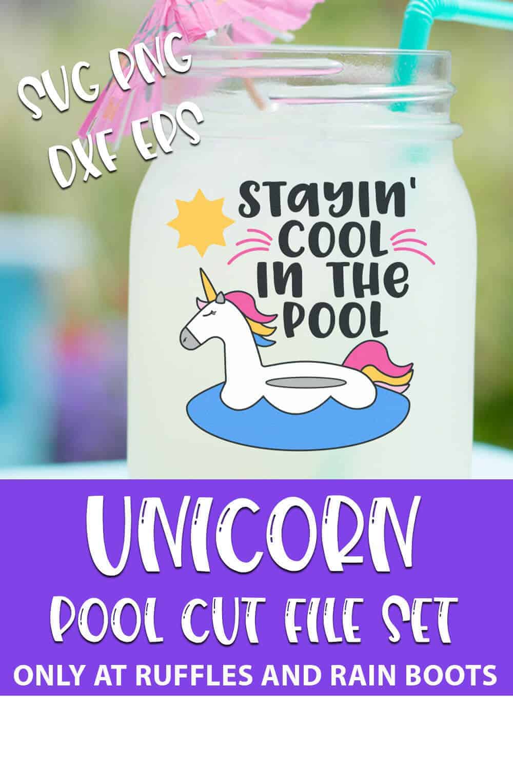 Stayin' Cool In the Pool Unicorn Cut File Bundle For cricut or silhouette with text which reads unicorn pool cut file set svg png dxf eps