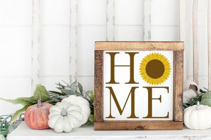 wood sign on a shelf featuring a home Sunflower cut file set for farmhouse tiered tray fillers