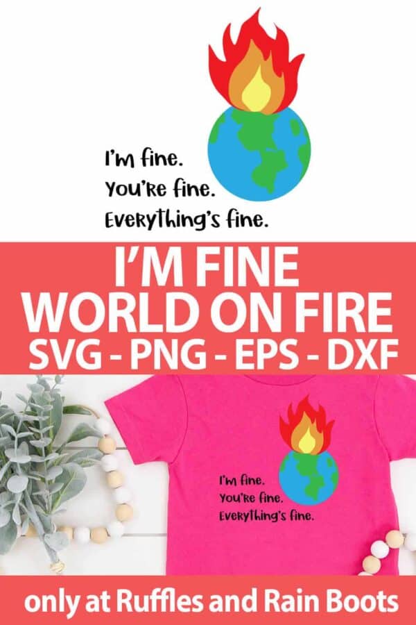 photo collage of I'm Fine World on Fire SVG for cutting machines with text which reads I'm Fine World on Fire SVG png eps dxf