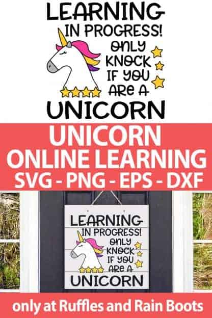 photo collage of Unicorn Online Learning warning sign cut file set for cricut or silhouette with text which reads unicorn online learning svg png eps dxf